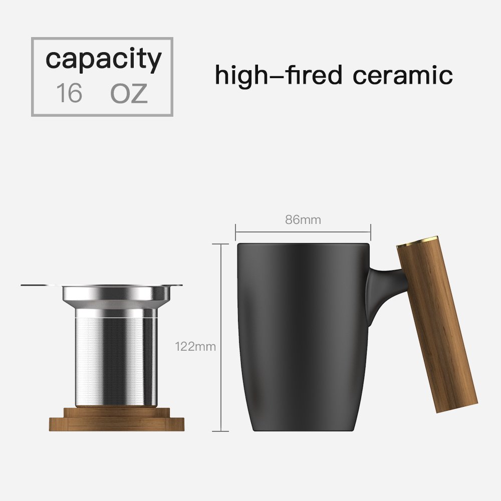 Tea Mug with 304 SLS infuser and Wooden Lid Classic Ceramic Tea Cup Set Luxury Reusable Porcelain Brewing Mug