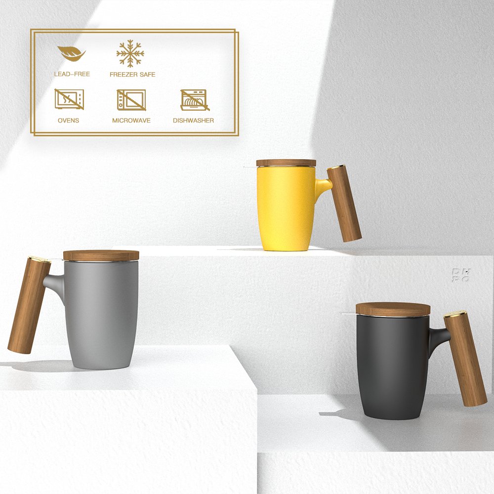 Tea Mug with 304 SLS infuser and Wooden Lid Classic Ceramic Tea Cup Set Luxury Reusable Porcelain Brewing Mug