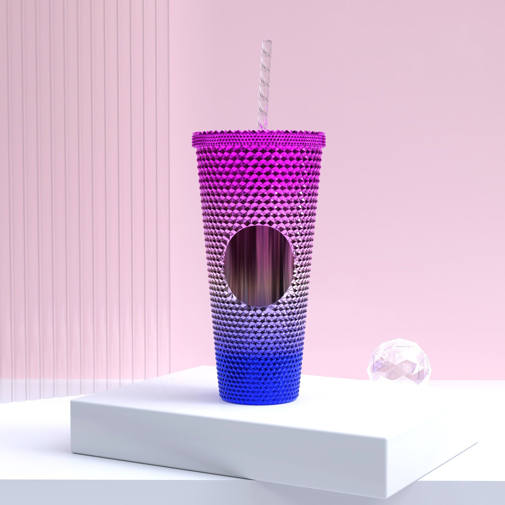 New 22oz Plastic Coffee Double Layer Plastic Straw Durian Cup Bright Diamond Tumbler Mug with Straw