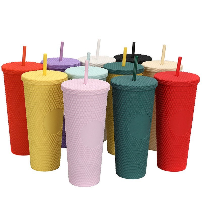 New 22oz Plastic Coffee Double Layer Plastic Straw Durian Cup Bright Diamond Tumbler Mug with Straw