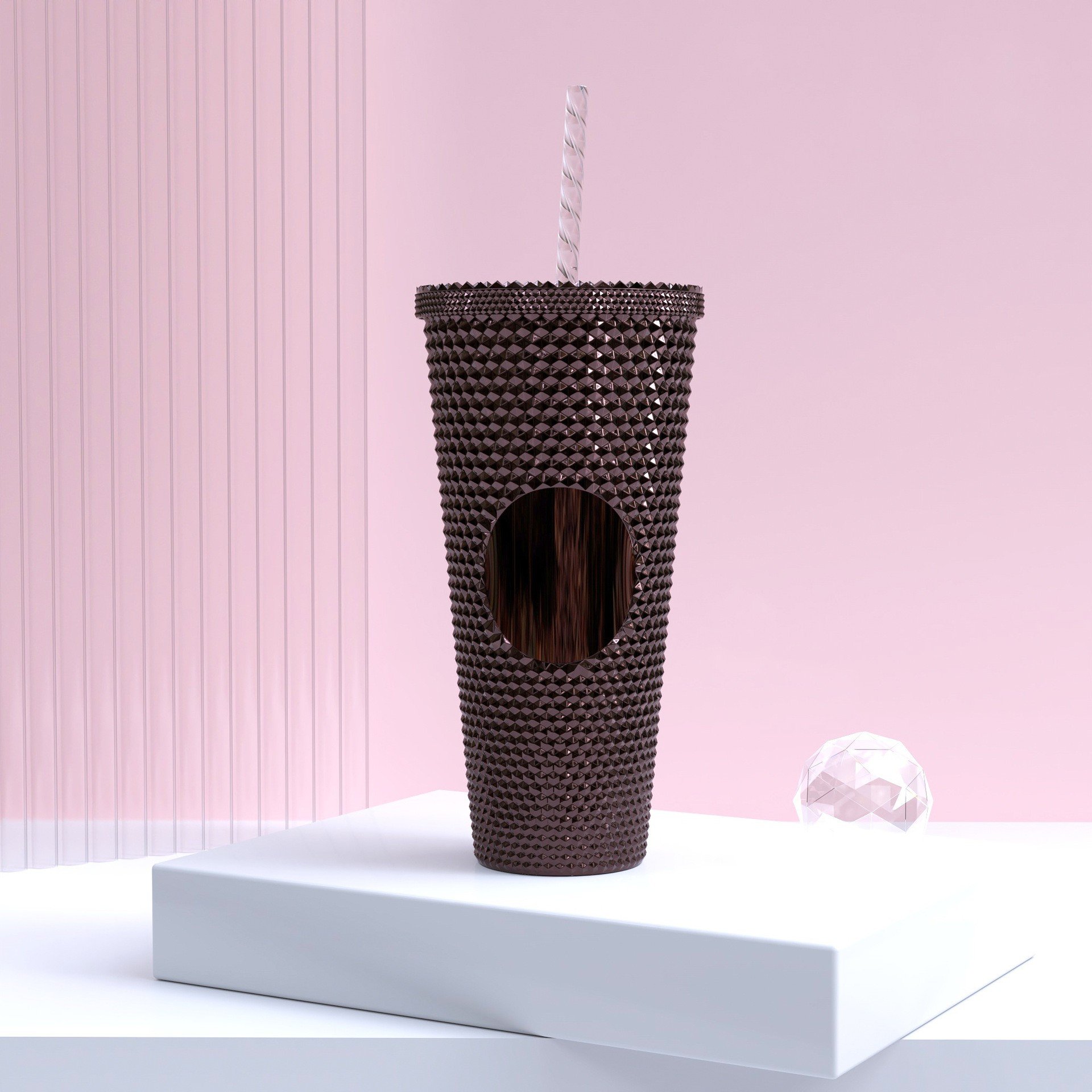 New 22oz Plastic Coffee Double Layer Plastic Straw Durian Cup Bright Diamond Tumbler Mug with Straw