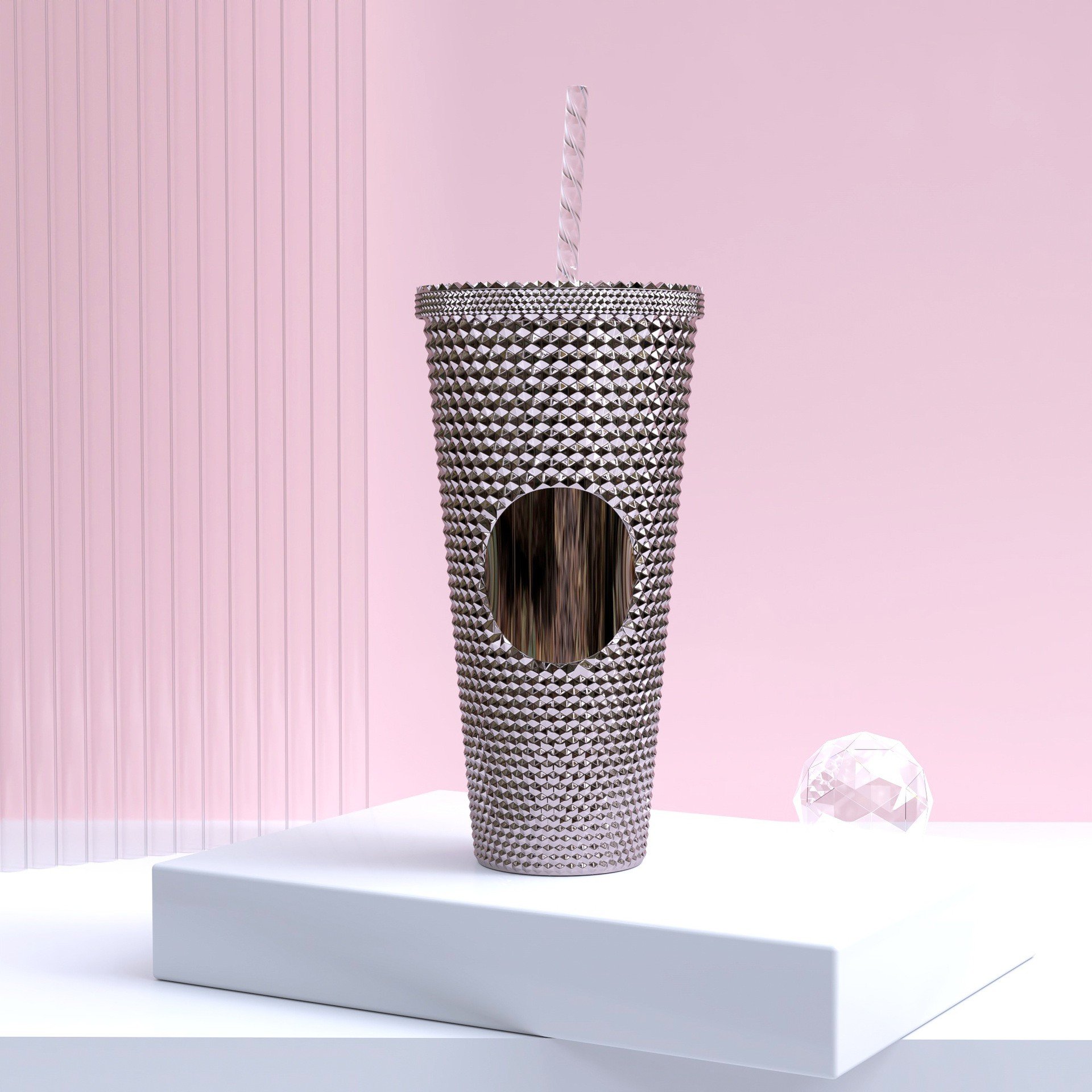 New 22oz Plastic Coffee Double Layer Plastic Straw Durian Cup Bright Diamond Tumbler Mug with Straw