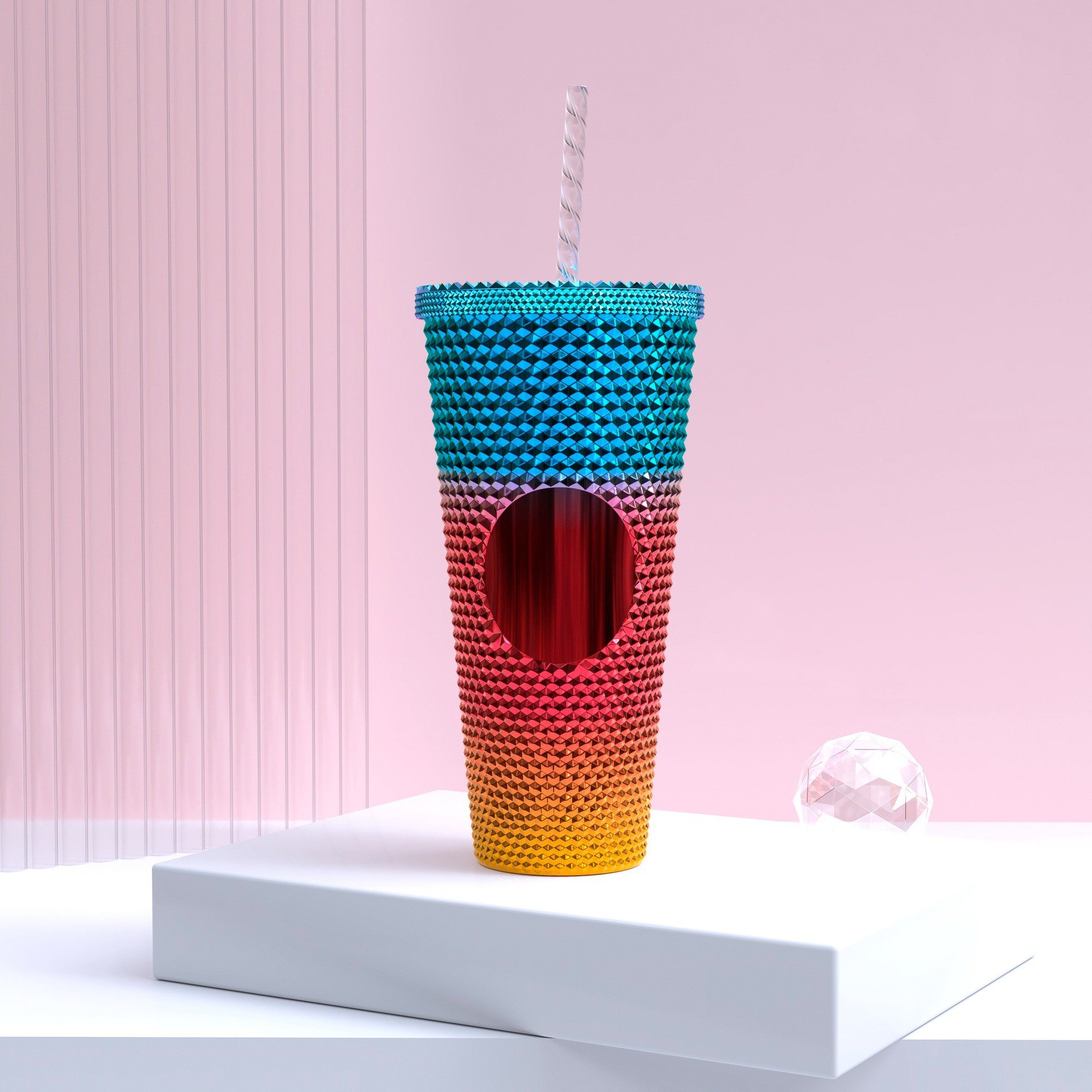 New 22oz Plastic Coffee Double Layer Plastic Straw Durian Cup Bright Diamond Tumbler Mug with Straw
