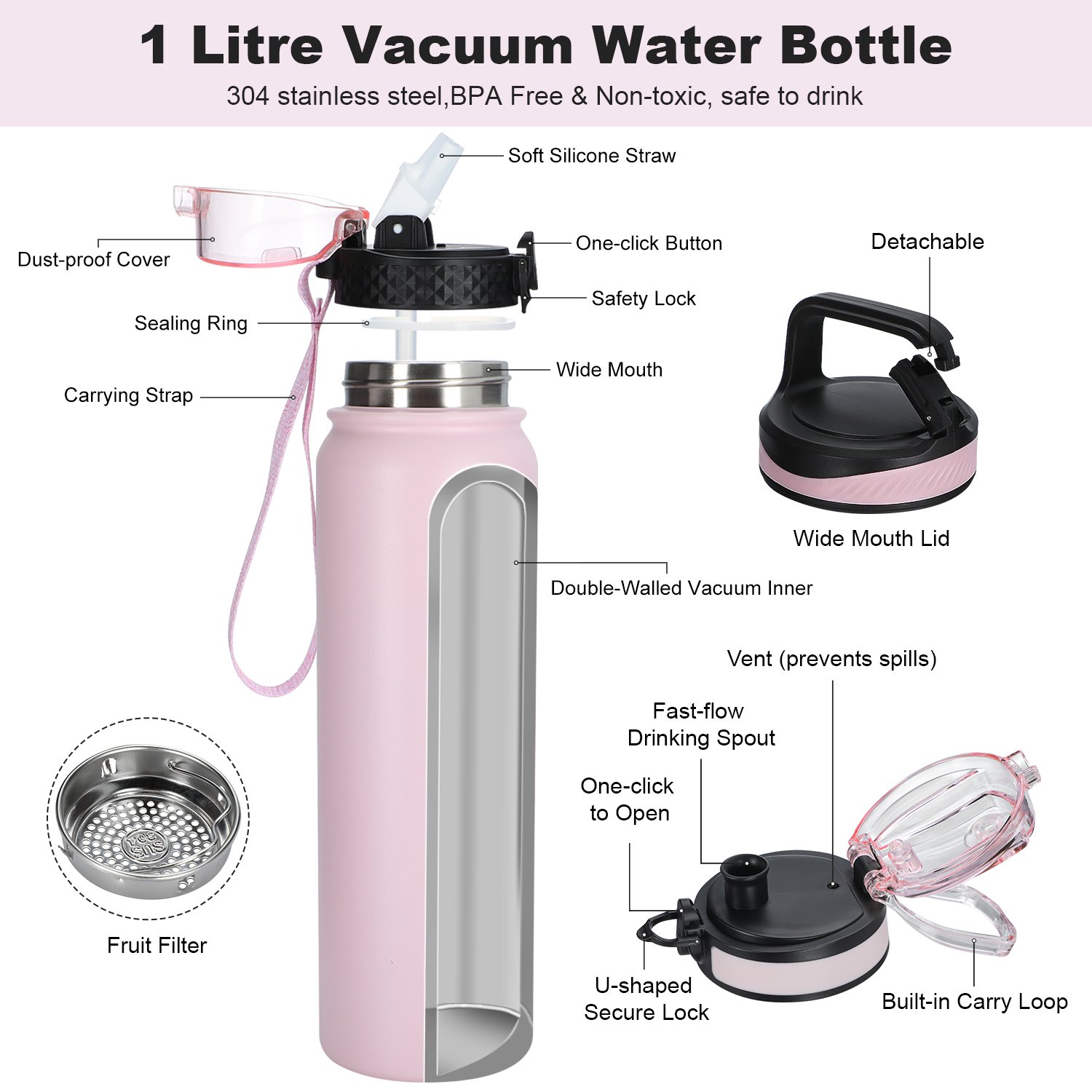 32oz Stainless Steel Double Wall Water Bottle Thermos Portable Vacuum Flask Tumbler For Sports With Custom Logo