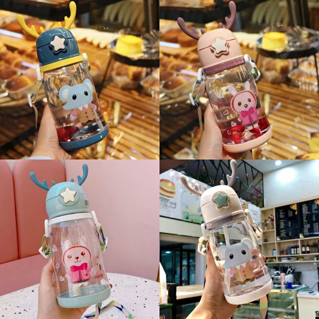 Outdoor Cartoon Antlers Children Straw Water Bottles Anti-Leak Portable Strap Kids Kettle 600ml Cartoon Gift Cup Baby Water Cup