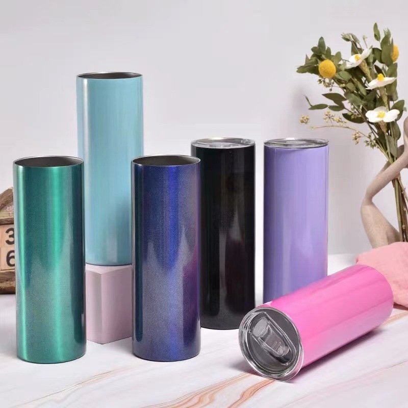 Wholesale Water Bottle Mug Blanks Vacuum Glitter 20oz Stainless Steel Tumbler 20 oz Skinny Straight