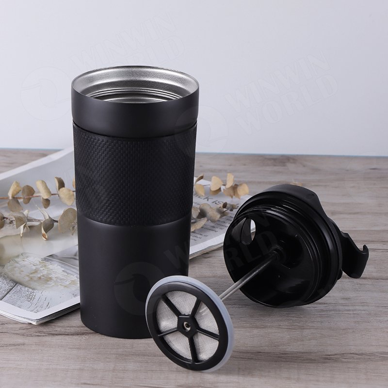 Travel Vacuum Insulated Coffee French Press Mug, Tumbler with Coffee Press Plunger. Hand Brew Coffee and Tea Maker Tumbler Cup