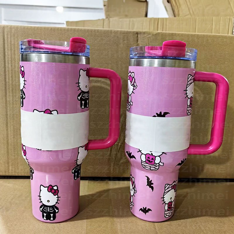 Custom Cartoon Kitty Stainless Steel 3d Uv Printed Halloween Spooky Pumpkin 40oz Cups Tumbler Mug With Handle And Straw Lid