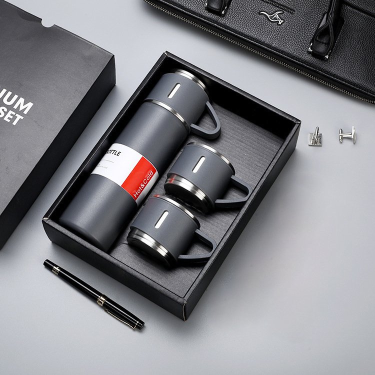 Custom logo luxury Corporate Business Gift box set drinkware set thermos Vacuum flask stainless steel water bottle with 2 cup