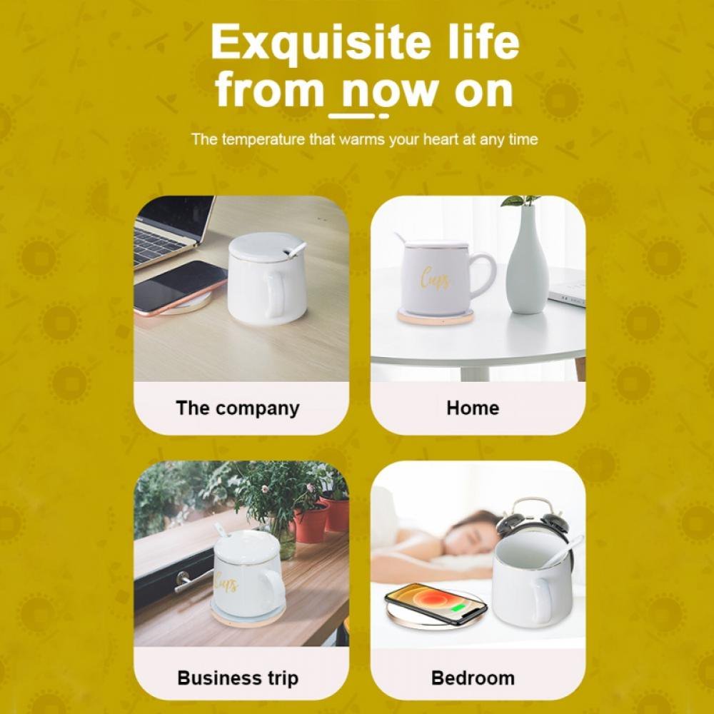 Customized White Ceramic Tea Cup Mug Warmer Wireless Charging Self Heating Smart Coffee Mug Gift Box Set