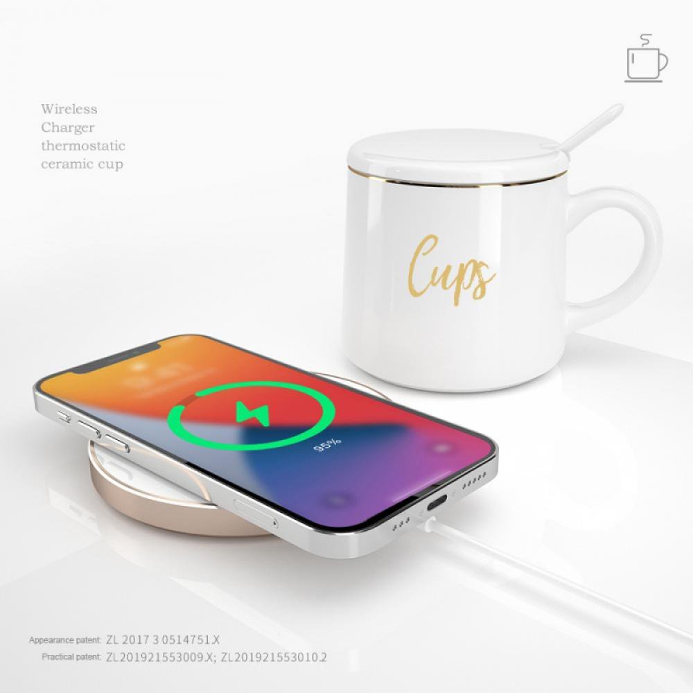 Customized White Ceramic Tea Cup Mug Warmer Wireless Charging Self Heating Smart Coffee Mug Gift Box Set