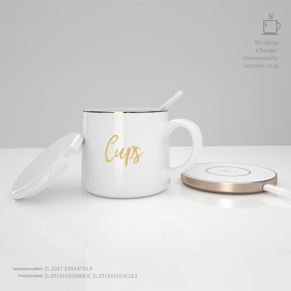 Customized White Ceramic Tea Cup Mug Warmer Wireless Charging Self Heating Smart Coffee Mug Gift Box Set