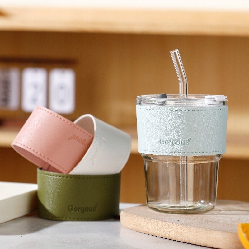 Colorful 12oz Tumbler Glass Mug Cup With Colorful Leather Cover And Lids With Straw Beverage Cola Coffee Drinking Glass Cup