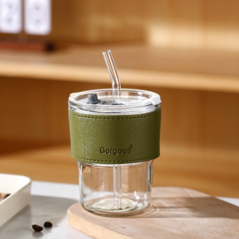 Colorful 12oz Tumbler Glass Mug Cup With Colorful Leather Cover And Lids With Straw Beverage Cola Coffee Drinking Glass Cup