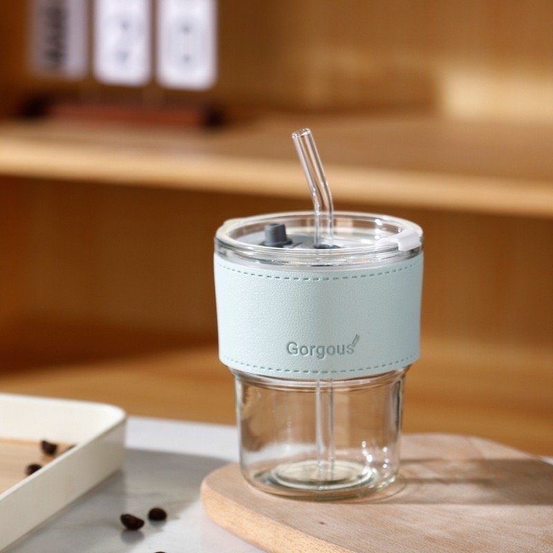 Colorful 12oz Tumbler Glass Mug Cup With Colorful Leather Cover And Lids With Straw Beverage Cola Coffee Drinking Glass Cup