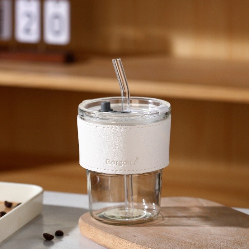 Colorful 12oz Tumbler Glass Mug Cup With Colorful Leather Cover And Lids With Straw Beverage Cola Coffee Drinking Glass Cup