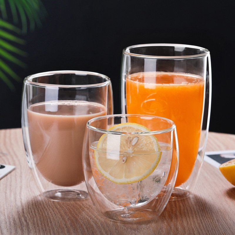 Amzn Hot 250ml 350ml 450ml Customized Print Glass Mugs Glass Coffee Glasses Double Wall Glasses Double glass Cup with Handle