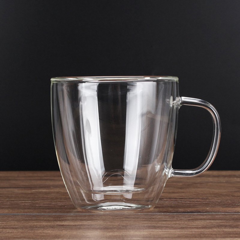 Amzn Hot 250ml 350ml 450ml Customized Print Glass Mugs Glass Coffee Glasses Double Wall Glasses Double glass Cup with Handle