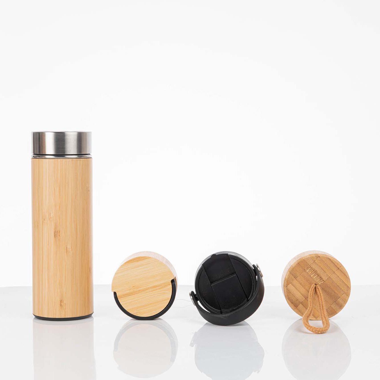 Custom LOGO Double Wall Insulated Thermal Bamboo coffee tumbler travel mug Water Bottles with led lid