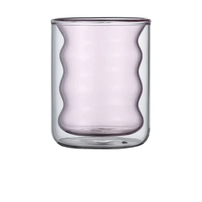 Hand Blown Colored Borosilicate Double Layered Ripple Wave Glass Iced Coffee Mug Cold Drink Cup