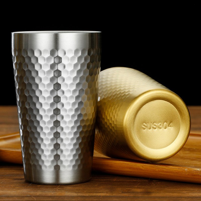 Korean Style 304 Stainless Steel Beer Mug Diamond Pattern Hammer Water Cup Double Wall Tea Drinks Tumbler