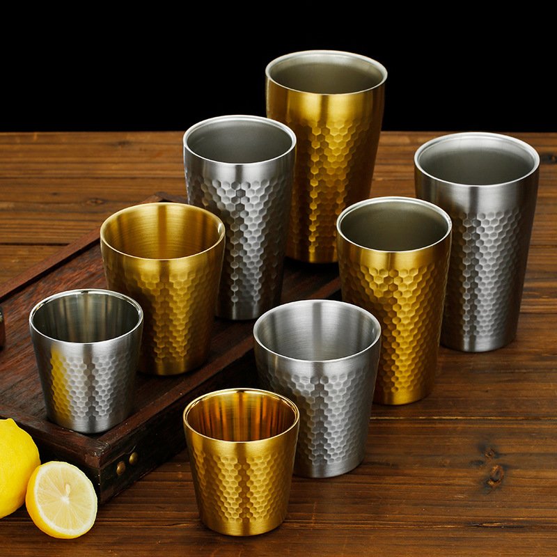 Korean Style 304 Stainless Steel Beer Mug Diamond Pattern Hammer Water Cup Double Wall Tea Drinks Tumbler