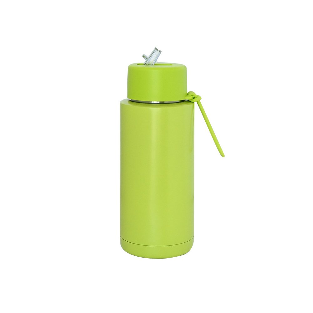 Custom bpa free 34oz 1L stainless steel vacuum flask reusable double wall insulated green water bottle with straw