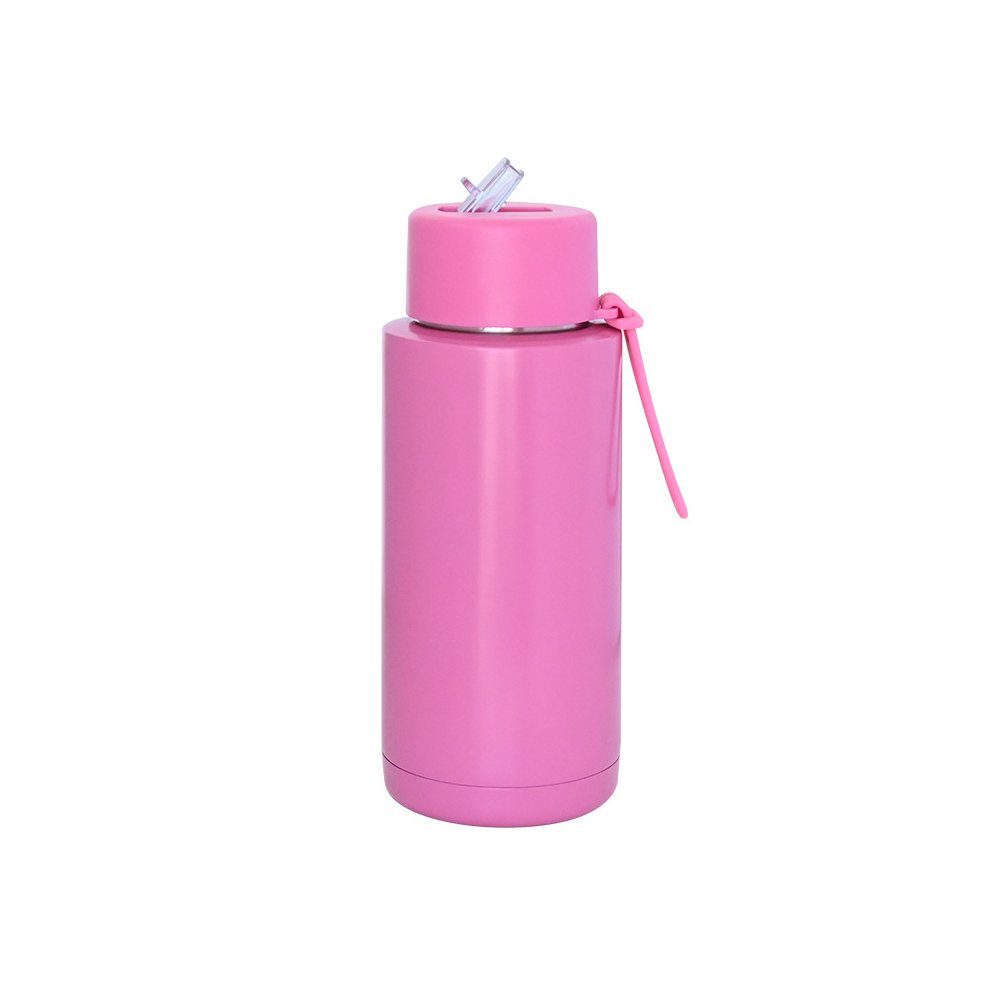 Custom bpa free 34oz 1L stainless steel vacuum flask reusable double wall insulated green water bottle with straw