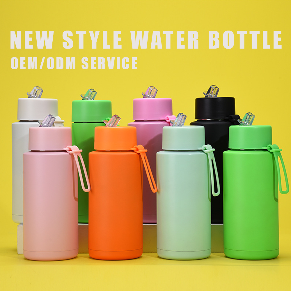 Custom bpa free 34oz 1L stainless steel vacuum flask reusable double wall insulated green water bottle with straw