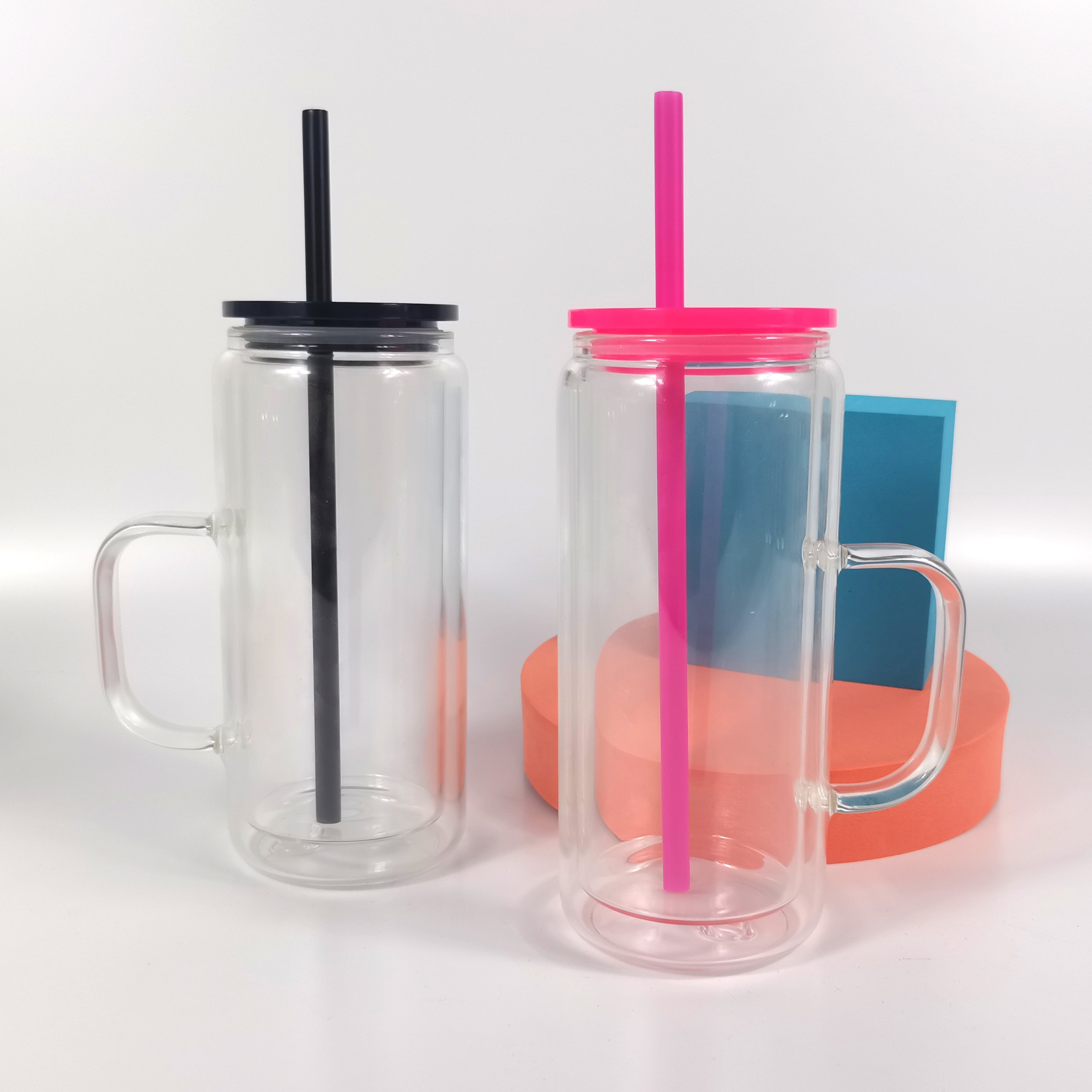 us warehouse 16oz handle double wall glass cup Pre-drilled sublimation snow globe coffee mug cup with handle for uv DTF