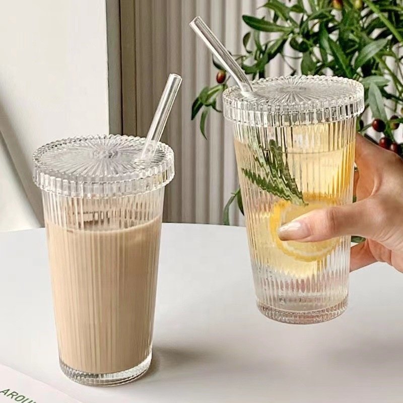 Ribbed Glass Tea Cups Custom Wholesale Coffee Cup Tumblers Travel Coffee Mug With Glass Lid And Straw