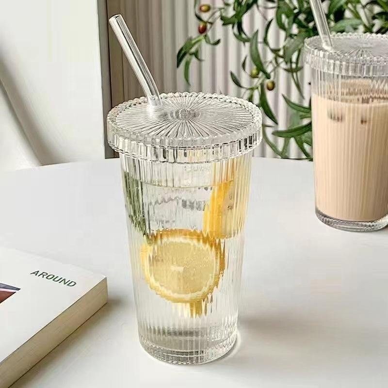 Ribbed Glass Tea Cups Custom Wholesale Coffee Cup Tumblers Travel Coffee Mug With Glass Lid And Straw