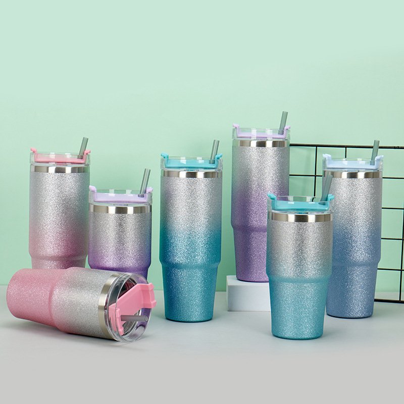 Gradient Flash Coffee Cup 304 Stainless Steel 20 30oz Insulated Travel Mug Glitter Double Walled Straw Tumbler