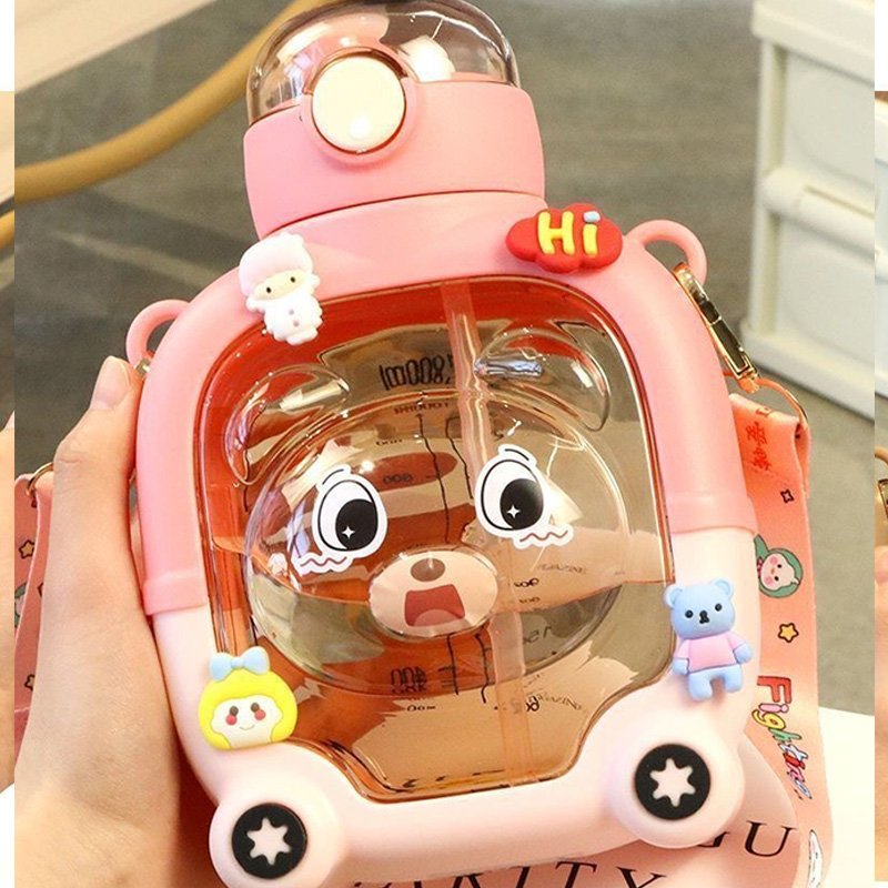 1000ml plastic panic magic bear water bottle DIY Children Water Bottles with straw and shoulder strap kids plastic water bottles