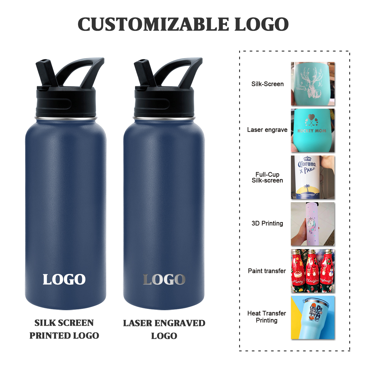 Custom Logo Double Wall Vacuum Insulated Metal Flask Wide Mouth Gym Sports Drinking Water Bottle