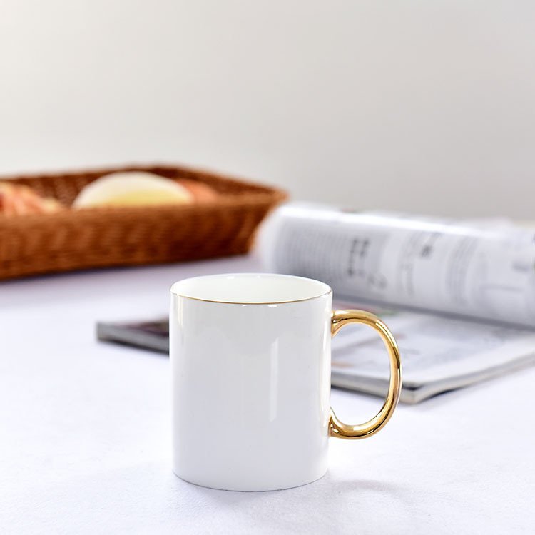 Wholesale custom bone china sublimation coffee mug gold handle blank white cups ceramic mugs set