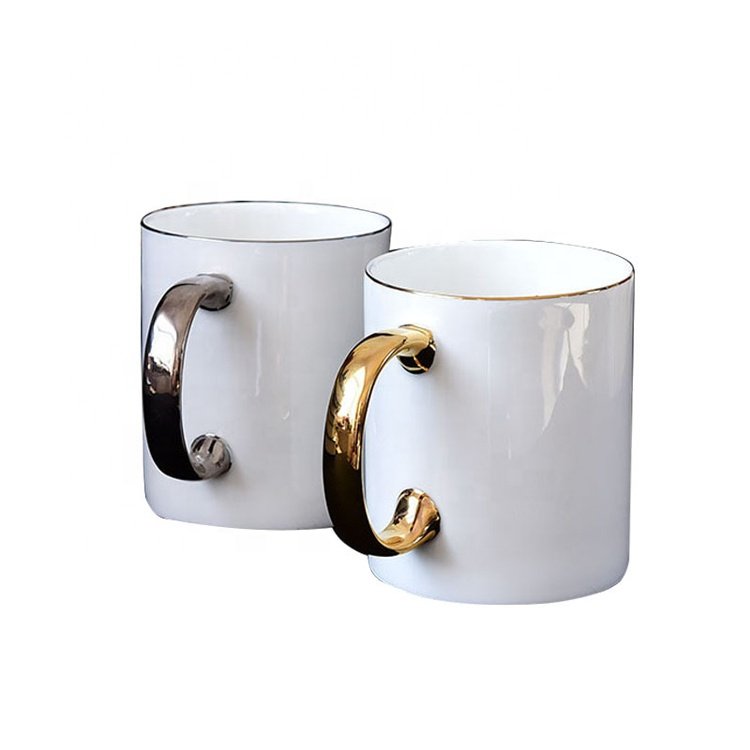 Wholesale custom bone china sublimation coffee mug gold handle blank white cups ceramic mugs set