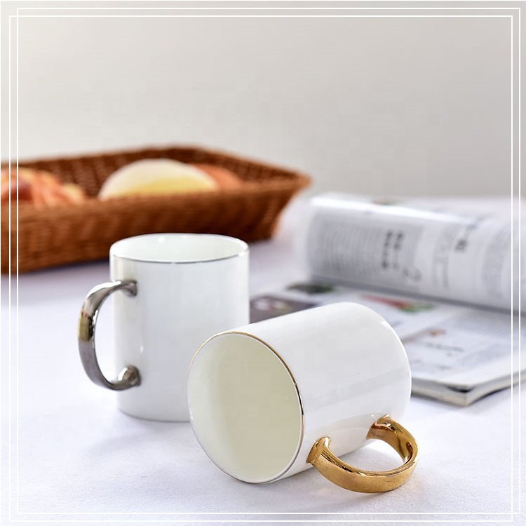 Wholesale custom bone china sublimation coffee mug gold handle blank white cups ceramic mugs set