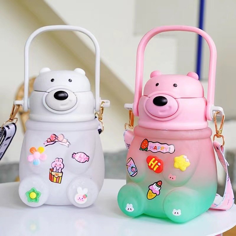 Frosted gradient school kids straw Portable Cartoon Straw Outdoor Bear Gradual Big Belly Cup set Plastic Water Bottle