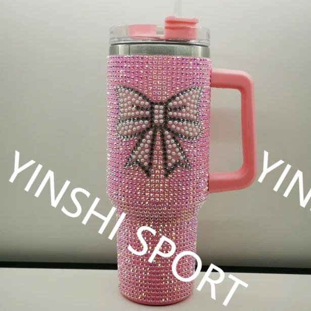 2024 newest kit cat wonderful pink Rhinestone Bling Studded Beer Mug Water Bottle Full Bling Tumbler Rhinestone 40oz Tumbler
