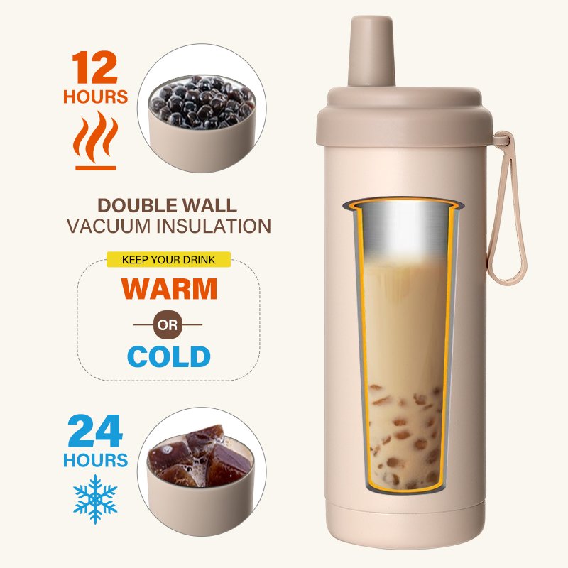 Customized Color Pearl Milk Tea Double Wall Stainless Steel thermal 18oz Vacuum Flask With Thick Straw