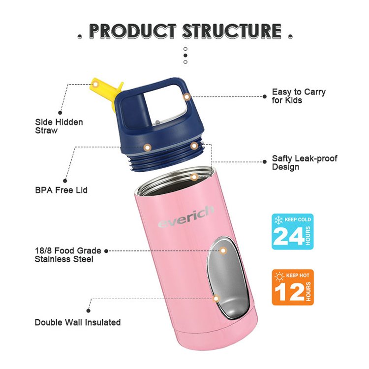 Free sample Custom printed gifts 12 oz Kids WATER Bottle with Straw Cap 18/8 Stainless Steel