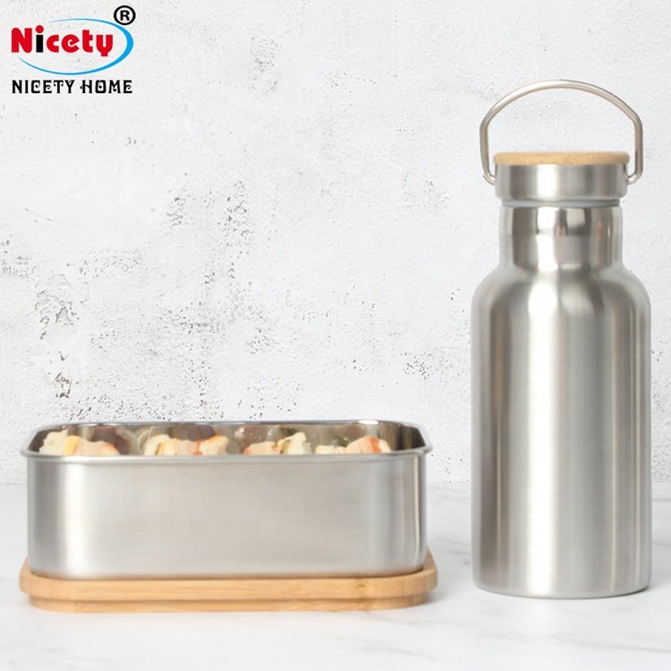 Nicety wholesale bento bamboo lid lunch box stainless steel insulated tiffin box with sport water bottle