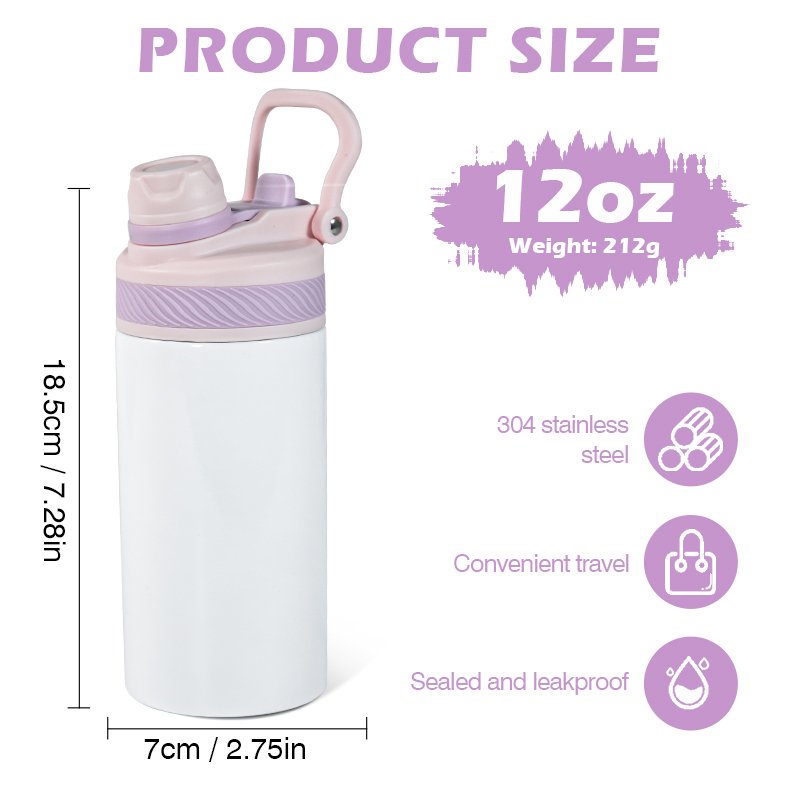 New Arrival Sublimation Blanks 12oz Kids Water Bottle 18/8 Food Grade Stainless Steel Insulated Vacuum Bottle With Colorful Lid