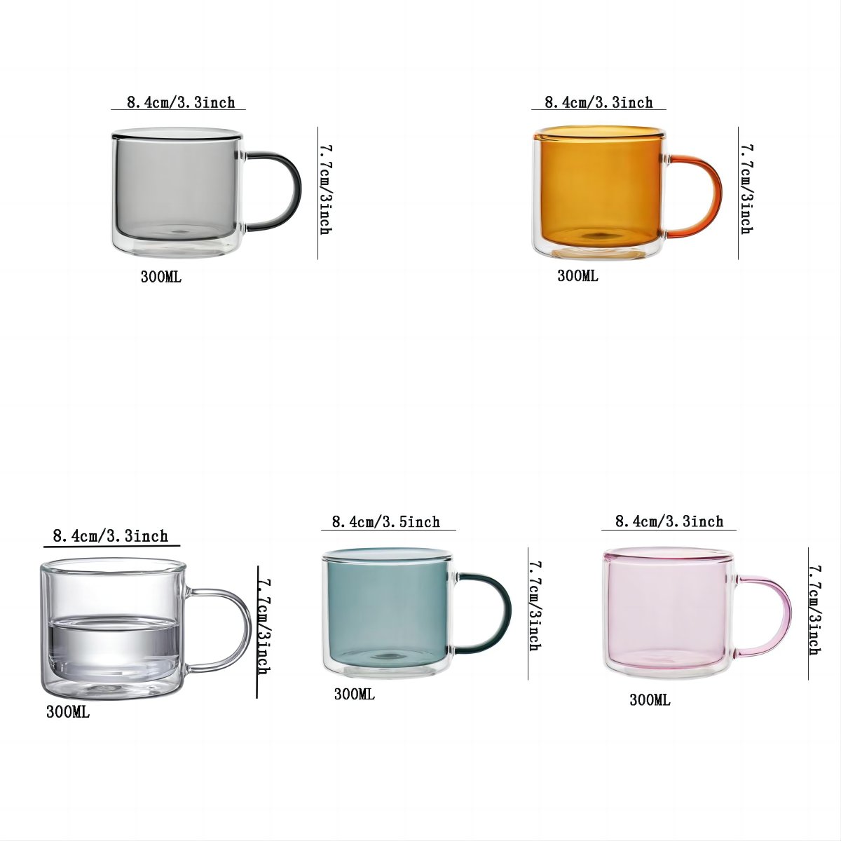 Clear cylindrical coffee mug with heat resistant handle and coloured double wall glass mug