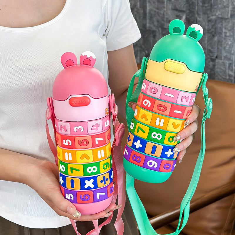 New 430ml Cute Kids Rotate Number Math Water Bottle Student Cute Rabbit Stainless Steel Thermos Cup Tumblers With Straw Strap