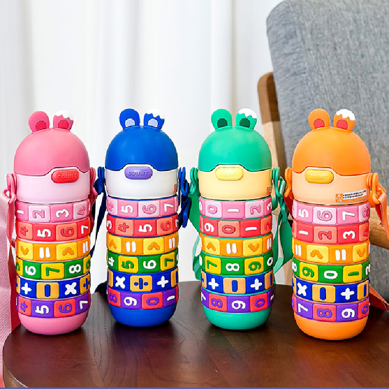 New 430ml Cute Kids Rotate Number Math Water Bottle Student Cute Rabbit Stainless Steel Thermos Cup Tumblers With Straw Strap