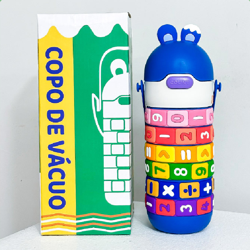 New 430ml Cute Kids Rotate Number Math Water Bottle Student Cute Rabbit Stainless Steel Thermos Cup Tumblers With Straw Strap