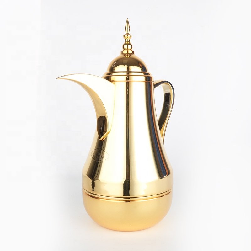 TURKISH STYLE NOBLE GOLDEN 1000ml LONG MOUTH DALLAH METAL BODY GLASS VACUUM FLASK THERMAL JUG