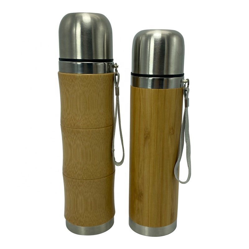 Eco friendly custom logo bamboo flask thermo insulated stainless steel vacuum bamboo water bottle